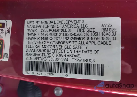 2025 Honda Ridgeline Black Edition z USA, uszkodzony, nr VIN 5FPYK3F83SB044954